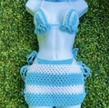 Handmade crochet three-piece bikini set in blue and white on a white mannequin - Adult Free Size / Light Blue