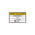 Macro shot of Derry Police Dept enamel pin with Remember the Curfew warning text - Derry Police Dept Warning Sign