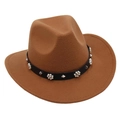 Detail of camel wool fedora hat featuring black leather band with pearls and silver studs - Khaki