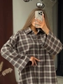 Loose fit coffee gray plaid shirt jacket for women with long sleeves and casual vintage style - S / Khaki