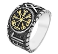 Macro view of Viking compass ring with golden Vegvísir and Runic symbols on band - US 7 / Two-tone Gold (09508)
