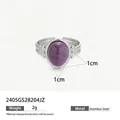 Adjustable stainless steel ring featuring a purple oval natural stone weighing 2g - Purple/Silver