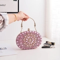 Pink floral rhinestone evening clutch bag with ornate gold metal handle for wedding parties - Pink