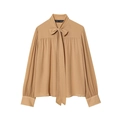 Elegante camicetta in chiffon kaki con collo a fiocco e maniche lunghe su sfondo bianco - XS / Cachi