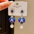 Retro S925 silver drop earrings with blue cubic zirconia and elegant round white pearl - Style 58# Silver Pin-Silver-Blue-White