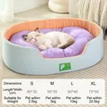 Washable blue and orange pet bed size chart for cats and dogs with cozy sleeping kitten - 3D Nest Blue-Purple