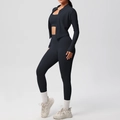 Three-piece black brushed yoga set featuring a zip-up jacket, sports bra, and high-waist leggings - S / Black