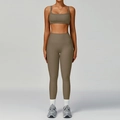 Women's ribbed yoga set in taupe, featuring U-neck sports bra and high-waist leggings - S / Sports Bra + Leggings / Light Coffee