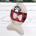 Fish-shaped Christmas pet stocking in beige burlap with red and black plaid flannel trim - Burlap Fish Stocking