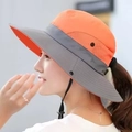 Detail of outdoor sun hat featuring pony tail hole and adjustable chin strap - M (56-58cm) / Orange Red