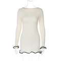 Slim fit long sleeve dress in cream white with black piping and ruffle hem detail - S / Apricot