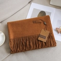 Solid deep caramel faux cashmere tassel scarf for women with leather logo detail - 11# Caramel