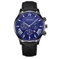 Blue sunray dial quartz watch with black leather strap and multi-function sub-dials - Blue Dial Silver Hands Black Case