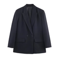 Detail view of navy blue double-breasted blazer with pinstripe texture and notch lapel - Striped