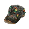 Close-up of distressed charcoal denim baseball cap with colorful frayed ripped details - M (56-58cm) / Black