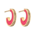 Pink enamel C-shape stud earrings with micro-set zircons on a gold-plated base - Rose Red