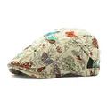 Retro jacquard flat cap with colorful butterfly patterns and adjustable metal buckle - Adjustable / Beige
