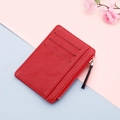 Slim red lychee leather card holder with three card slots and a side zipper pocket - Red
