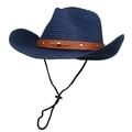 Dunkelblauer Cowboyhut aus Stroh mit braunem Nietlederband und Windkordel - M(56-58cm) / Marineblau