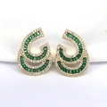 Elegant gold C-shaped earrings with green rectangular stones and white zircon accents - Green