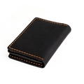 Detail of crazy horse leather wallet with contrasting orange stitching and matte texture - Black