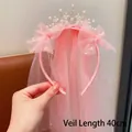 Roze prinsessenkroon haarklem met tule sluier en parels voor meisjes - Model 3# / Sluier Lengte 40cm / Roze Kroon Hoofdband Sluier