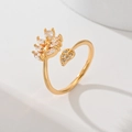Golden leaf open ring with sparkling cubic zirconia crystals on white background - Feather Leaf (JZ020)