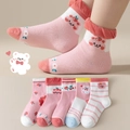 Set of 5 pairs of breathable pink and white mesh socks with cute bear and strawberry patterns - Flat Flower Bear / 3-5 Years (Feet length 13-15cm)