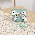 Detail of mint green woven straw bag featuring a large polka dot silk bow decoration - Lake Blue Bag