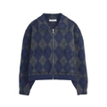 Giacca da donna in maglia a rombi blu navy e grigio con chiusura a zip e colletto - S / Blu Navy Contrasto Grigio Rombi