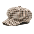 Brown plaid newsboy cap in retro herringbone pattern with top button for women - Beige