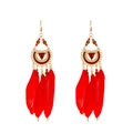 Bohemian alloy feather earrings with red beads and golden accents in ethnic style - KC Gold/Red Long Feather (3075)