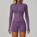 Ensemble de yoga sans couture violet avec haut zippé et short de sport taille haute - S / Haut Et Bas / Violet brume
