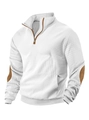 Weißes Waffel-Sweatshirt mit halbem Reißverschluss, braunem Besatz und Ellbogen-Patches - Weiß