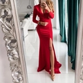 Vestido de noche ajustado en rojo oscuro con escote en V, manga larga y abertura lateral - US 2(S) / Rojo