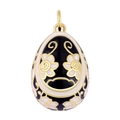 Detail of Faberge-style egg pendant with black and white floral enamel in gold finish - Pendant 17: / 23.2*15.5*15mm / Pendant