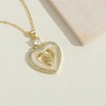 Golden heart necklace with white mother-of-pearl, zircon inlay and Virgin Mary relief - Mother's Love Heart Embossed Pendant (XL2995)