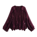 Detail of burgundy V-neck chiffon shirt featuring layered ruffles and button-down front - XS / Reddish Brown