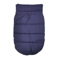 Detail of dark blue padded dog vest with horizontal quilting and leash opening - Fleece-lined Dog Vest - Blue