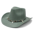 Wide brim woven straw cowboy hat in sage green with ethnic feather and bead details - M (56-58cm) / Water Lily Green
