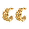 Chic triple-layered gold stainless steel bead C-shaped hoop earrings for women - Cast Three-row Bead Earrings / Gold