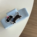 Detail of light blue knitted hairband with a cute brown dachshund embroidery puppy design - 15# Blue Hair Claw Dog