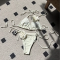 White two-piece bikini set with 3D rose floral accents and side-tie triangle bottoms - S / Off White