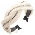 Dettaglio del cerchietto largo in velluto a coste beige con nodo incrociato e strass - Bianco