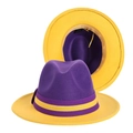 Tweekleurige wollen fedora hoed in paars en geel met brede rand en decoratief lint - M(56-58cm) / Paars + Geel
