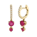 Macro detail of 14K gold hoop earrings with red round-cut zircons and pave diamonds - Rose Gold Red