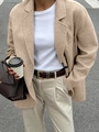 Detailed street style of an apricot wool blazer paired with a brown belt and cream pants - Khaki / S