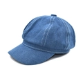Detailed view of blue denim newsboy cap featuring white contrast stitching and crown button - M (56-58cm) / Dark Blue