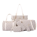 6-piece women handbag set in cream white with monogram pattern including tote and purses - Off White