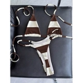 Two-piece bikini set with brown and white stripes, halter neck top and side-buckle bottoms - Brown White Stripe